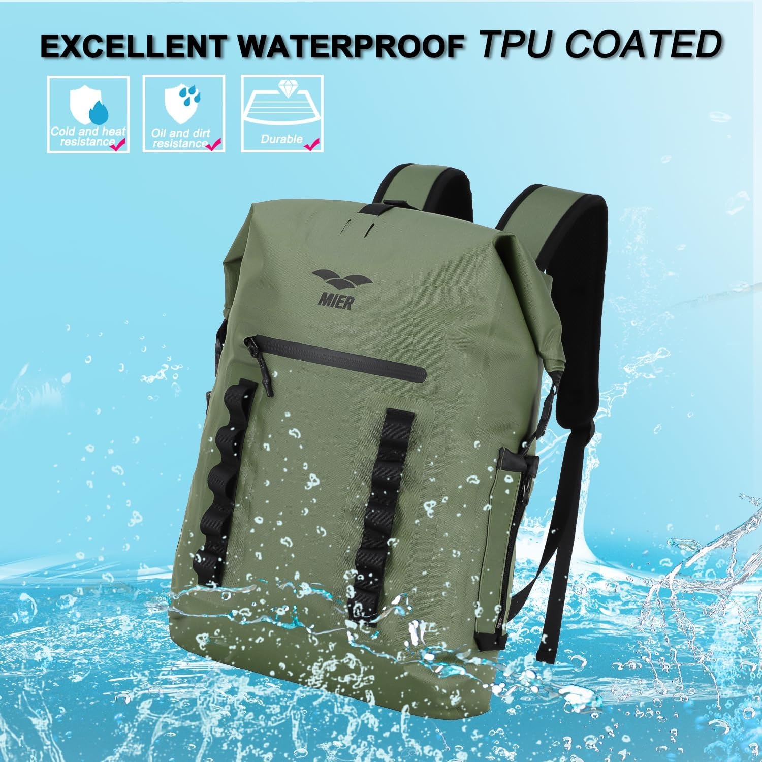 image:imageMIER Dry Bag Waterproof Backpack 30L Dry Sack Heavy Duty RollTop Closure for Kayaking Beach Boating Swimming SurfingDark Green
