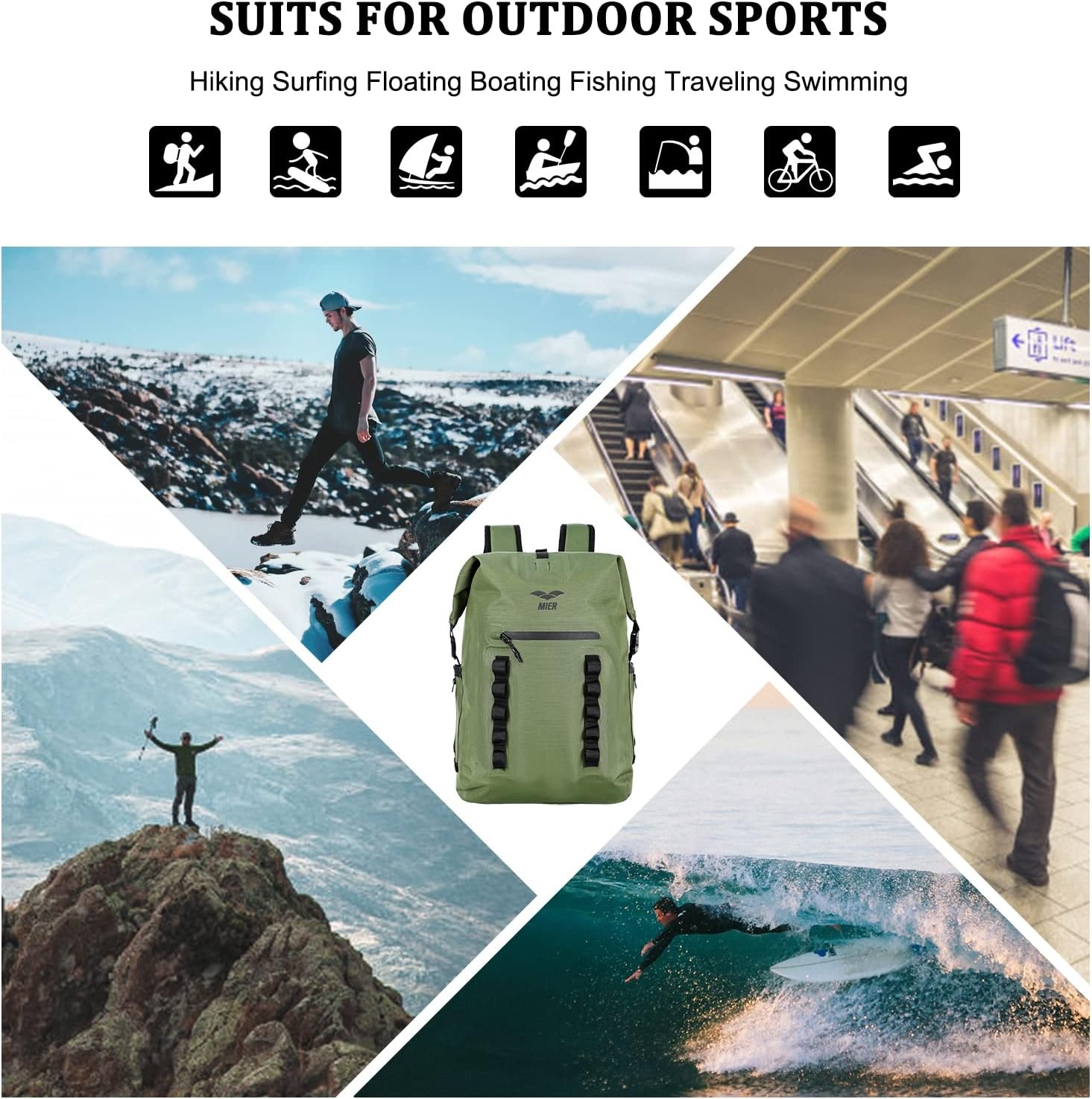 image:imageMIER Dry Bag Waterproof Backpack 30L Dry Sack Heavy Duty RollTop Closure for Kayaking Beach Boating Swimming SurfingDark Green