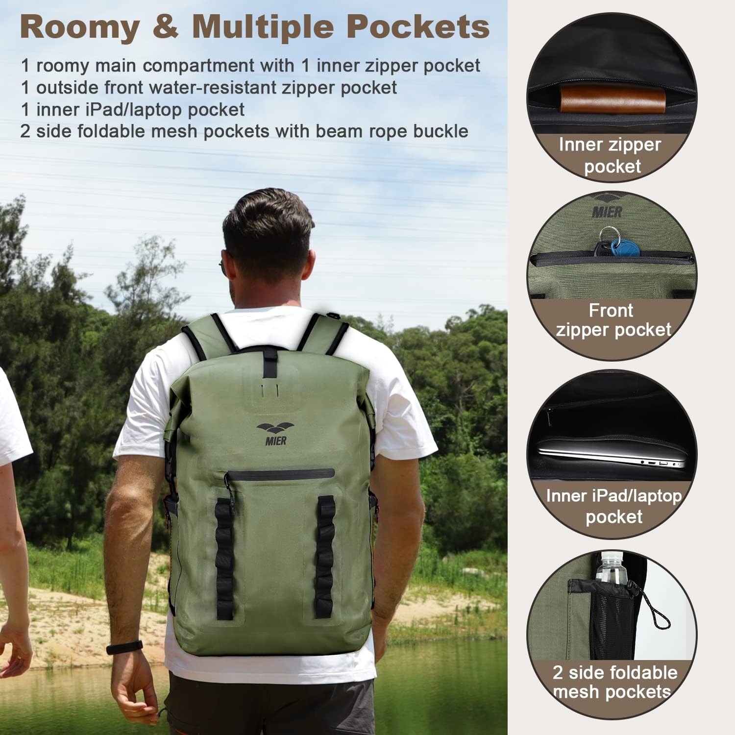 image:imageMIER Dry Bag Waterproof Backpack 30L Dry Sack Heavy Duty RollTop Closure for Kayaking Beach Boating Swimming SurfingDark Green
