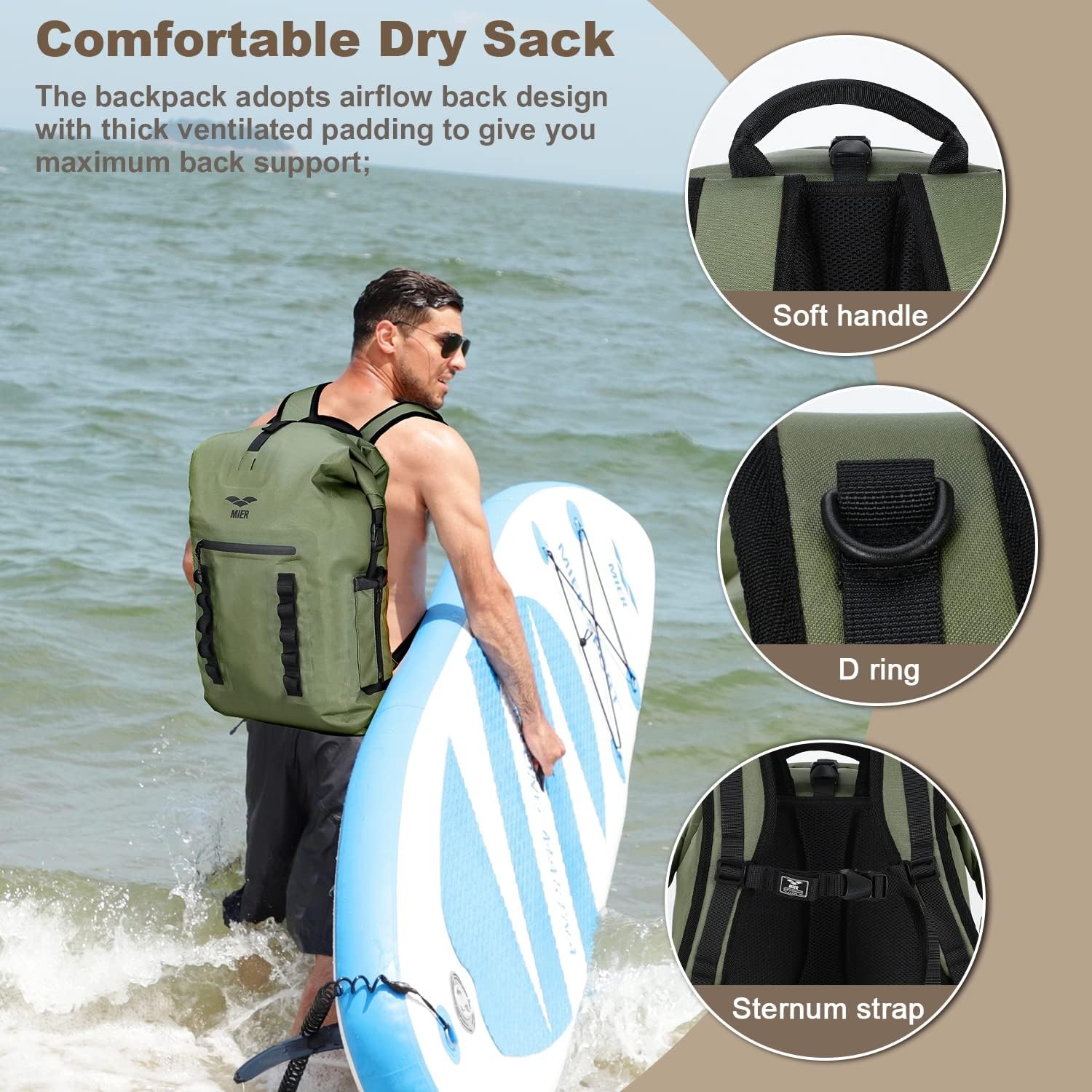 image:imageMIER Dry Bag Waterproof Backpack 30L Dry Sack Heavy Duty RollTop Closure for Kayaking Beach Boating Swimming SurfingDark Green