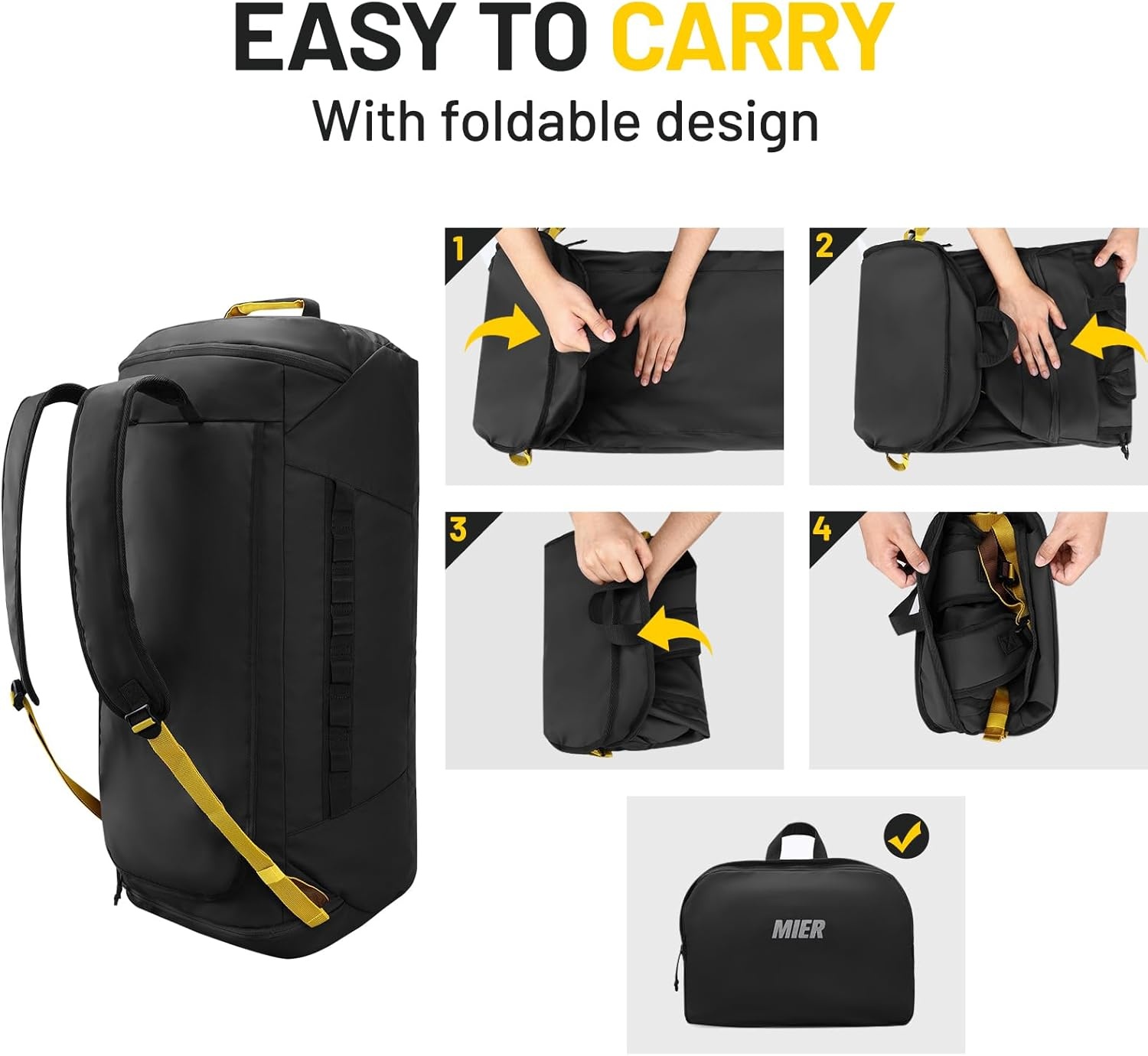 image:imageMIER Foldable Travel Duffle Backpack Lightweight Large Duffel Bag with Shoes Compartment for Traveling Camping Hiking Weekender for Men Women Water amp Wear Resistant 60L Black