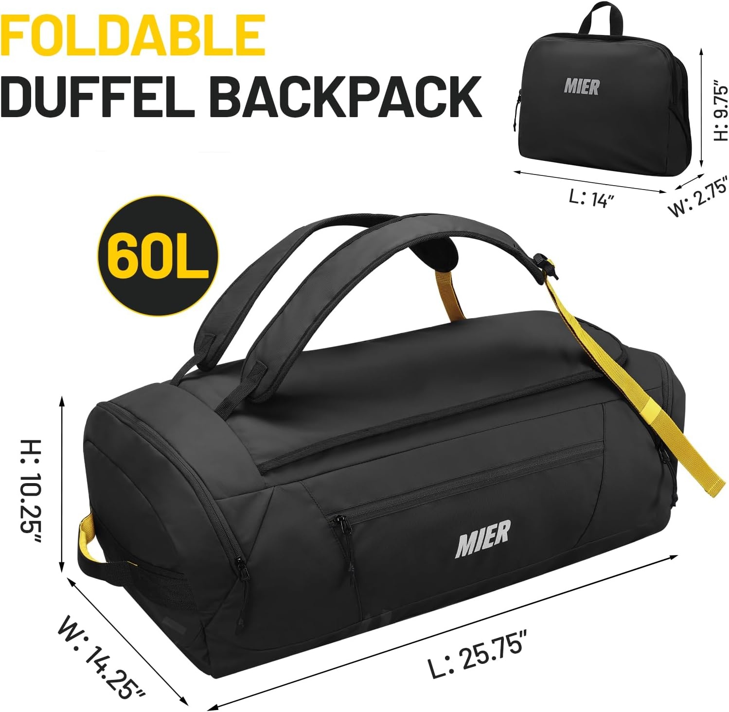 image:imageMIER Foldable Travel Duffle Backpack Lightweight Large Duffel Bag with Shoes Compartment for Traveling Camping Hiking Weekender for Men Women Water amp Wear Resistant 60L Black