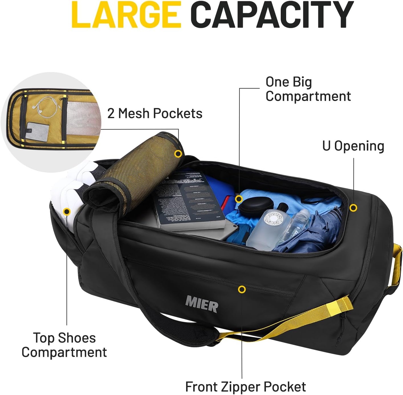 image:imageMIER Foldable Travel Duffle Backpack Lightweight Large Duffel Bag with Shoes Compartment for Traveling Camping Hiking Weekender for Men Women Water amp Wear Resistant 60L Black