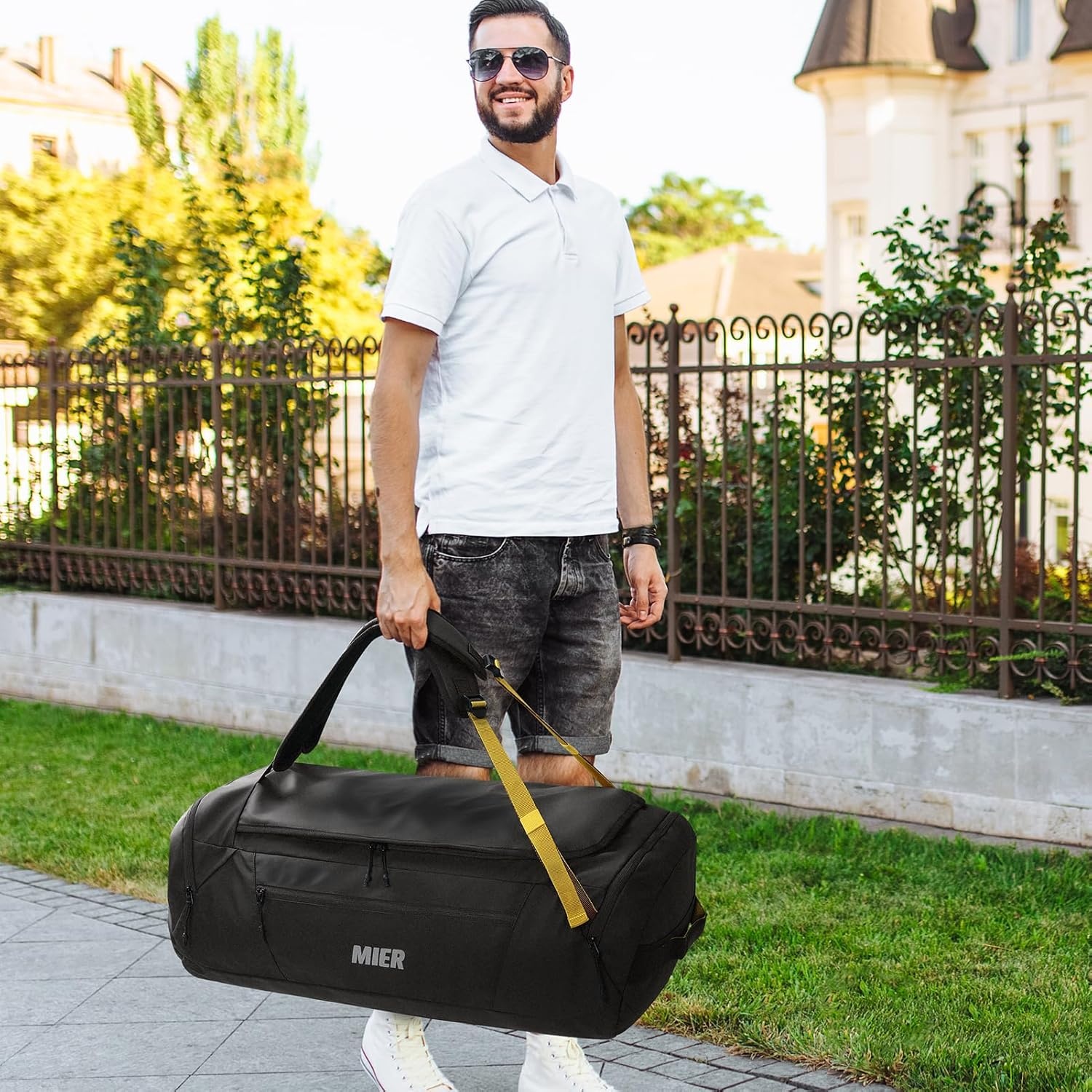 image:imageMIER Foldable Travel Duffle Backpack Lightweight Large Duffel Bag with Shoes Compartment for Traveling Camping Hiking Weekender for Men Women Water amp Wear Resistant 60L Black