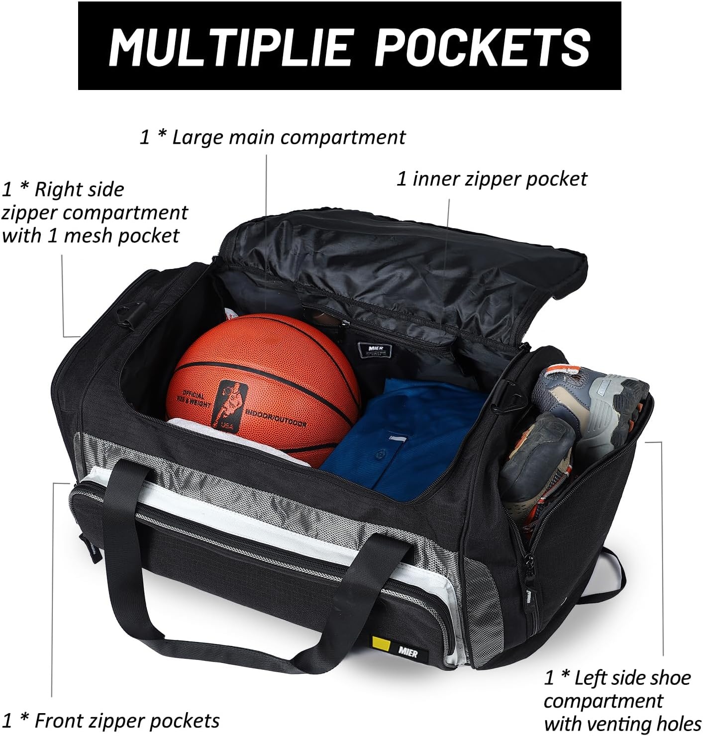 image:imageMIER Large Gym Bag for Men Sports Duffle Bag with Shoe Compartment 60L Lightweight Duffel Bags for Workout Fitness TravelBlack