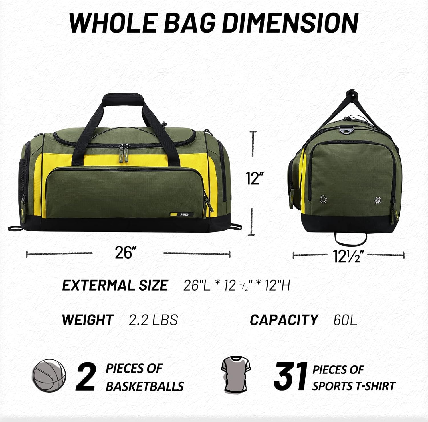 image:imageMIER Large Gym Bag for Men Sports Duffle Bag with Shoe Compartment 60L Lightweight Duffel Bags for Workout Fitness TravelGreen