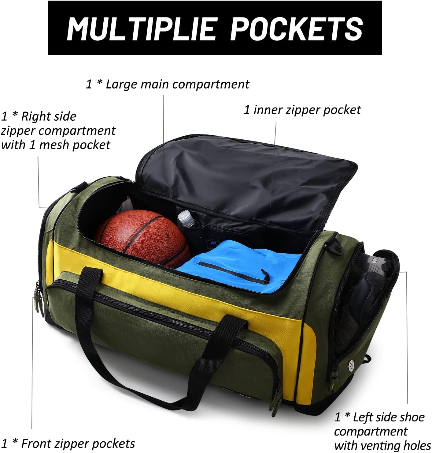 image:imageMIER Large Gym Bag for Men Sports Duffle Bag with Shoe Compartment 60L Lightweight Duffel Bags for Workout Fitness TravelGreen