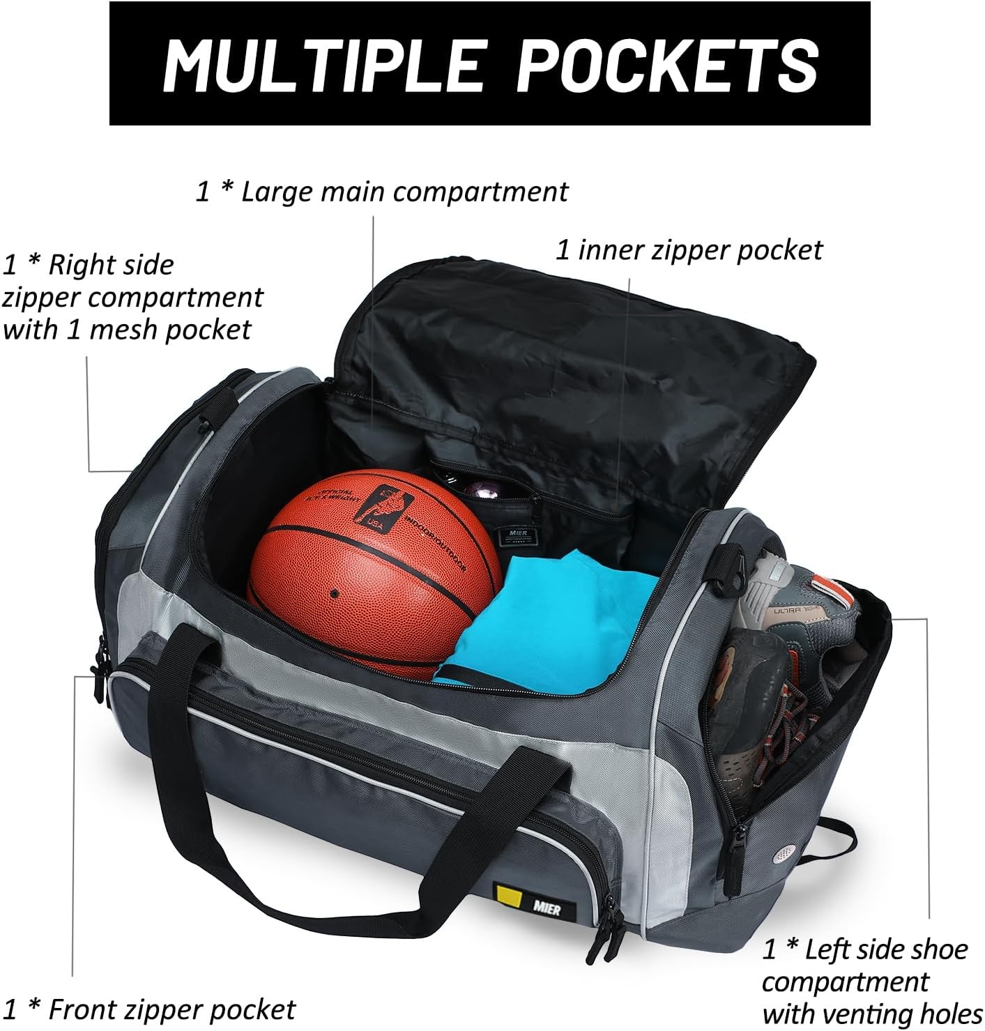 image:imageMIER Large Gym Bag for Men Sports Duffle Bag with Shoe Compartment 60L Lightweight Duffel Bags for Workout Fitness TravelGrey