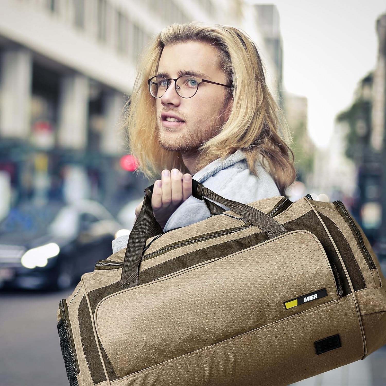 image:imageMIER Large Gym Bag for Men Sports Duffle Bag with Shoe Compartment 60L Lightweight Duffel Bags for Workout Fitness TravelKhaki