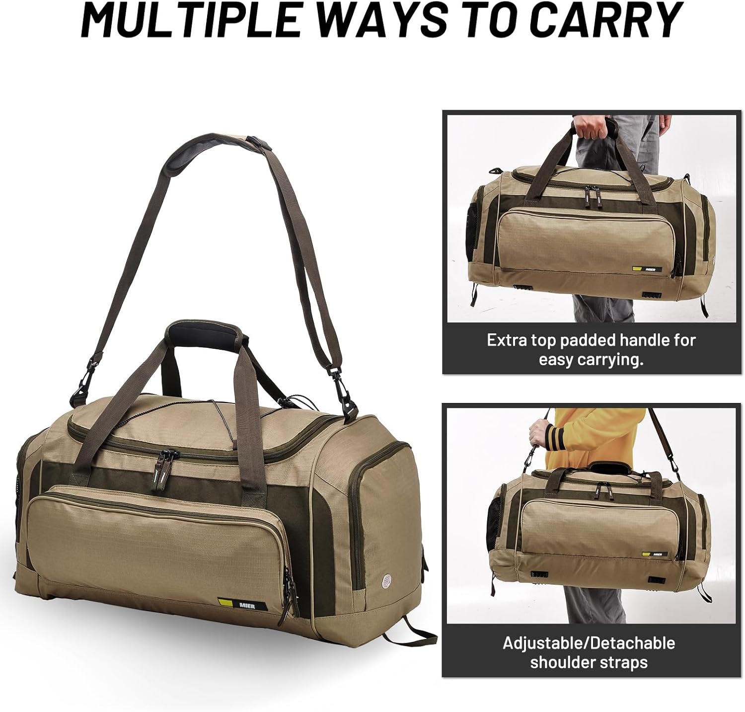 image:imageMIER Large Gym Bag for Men Sports Duffle Bag with Shoe Compartment 60L Lightweight Duffel Bags for Workout Fitness TravelKhaki