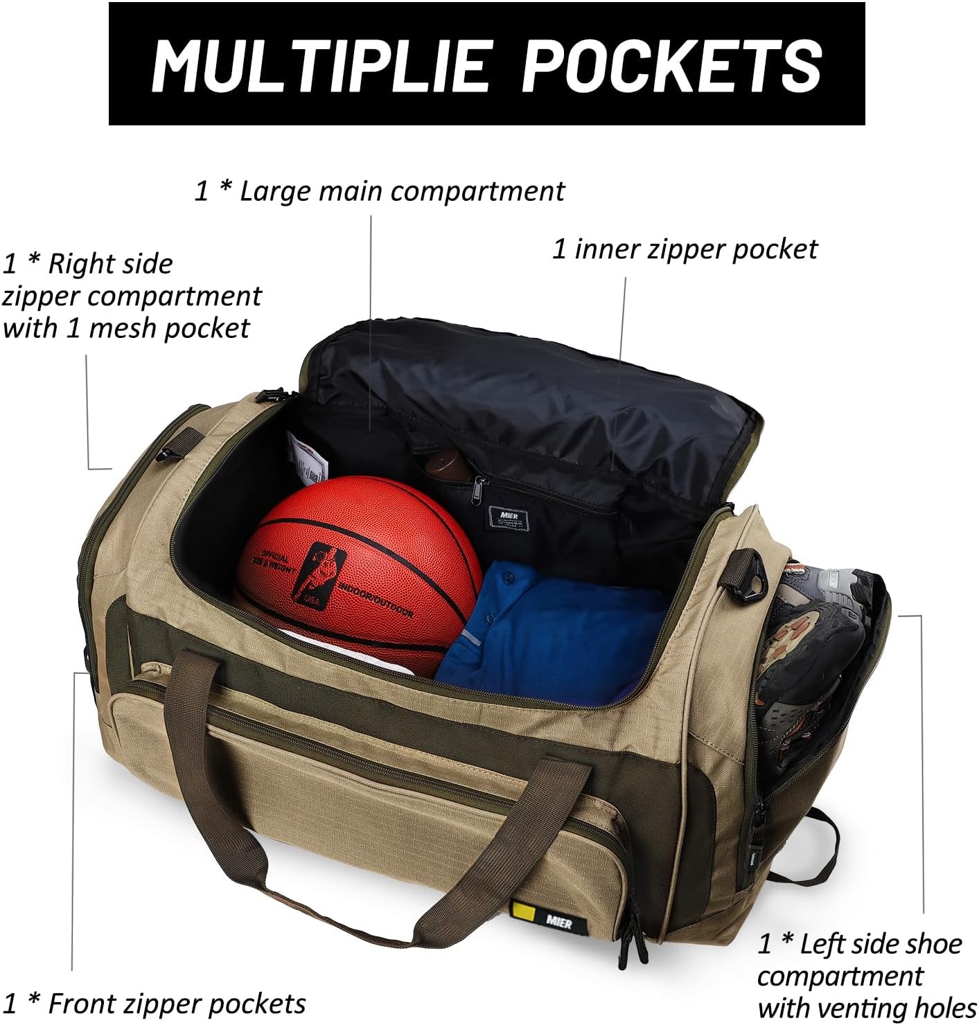 image:imageMIER Large Gym Bag for Men Sports Duffle Bag with Shoe Compartment 60L Lightweight Duffel Bags for Workout Fitness TravelKhaki