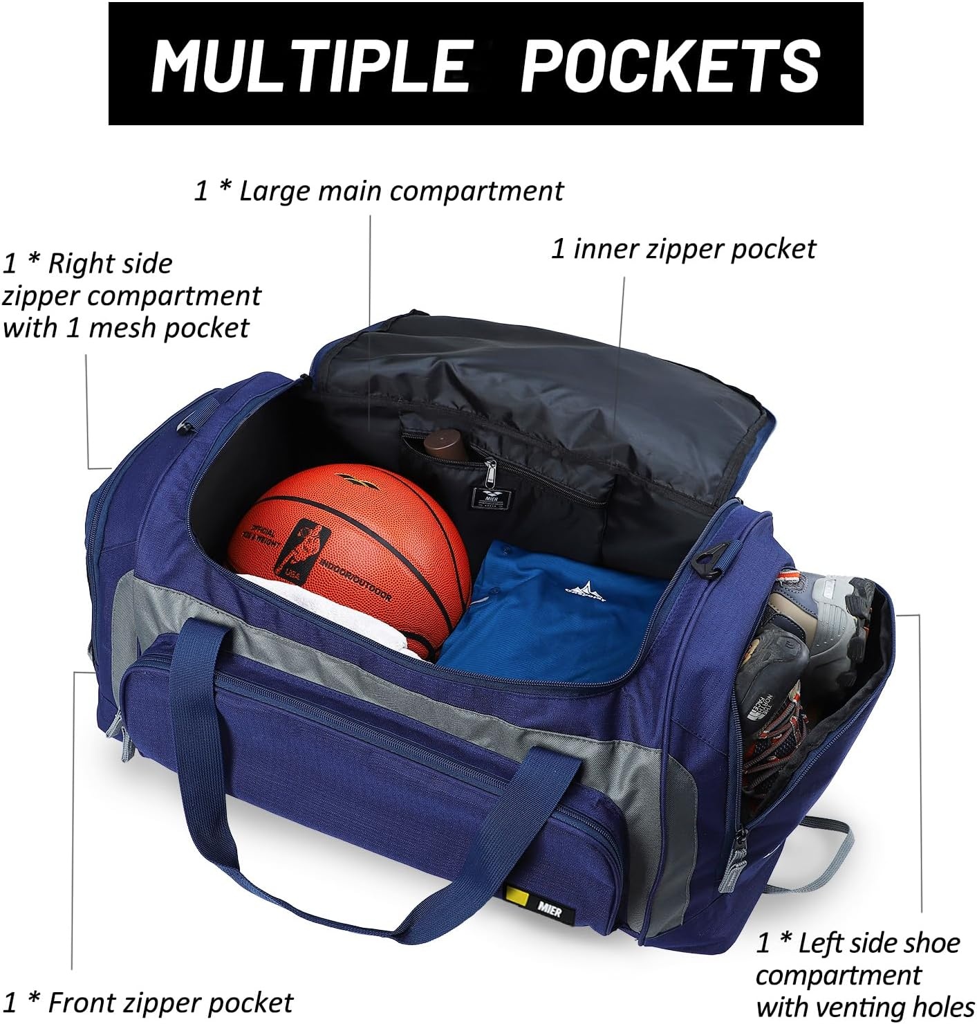 image:imageMIER Large Gym Bag for Men Sports Duffle Bag with Shoe Compartment 60L Lightweight Duffel Bags for Workout Fitness TravelNavyGrey