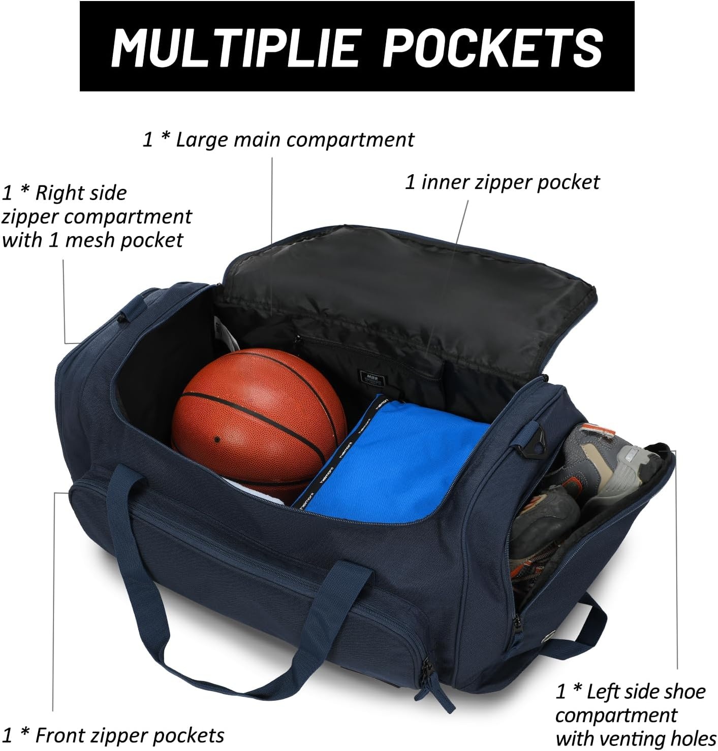 image:imageMIER Large Gym Bag for Men Sports Duffle Bag with Shoe Compartment 60L Lightweight Duffel Bags for Workout Fitness TravelPure Blue