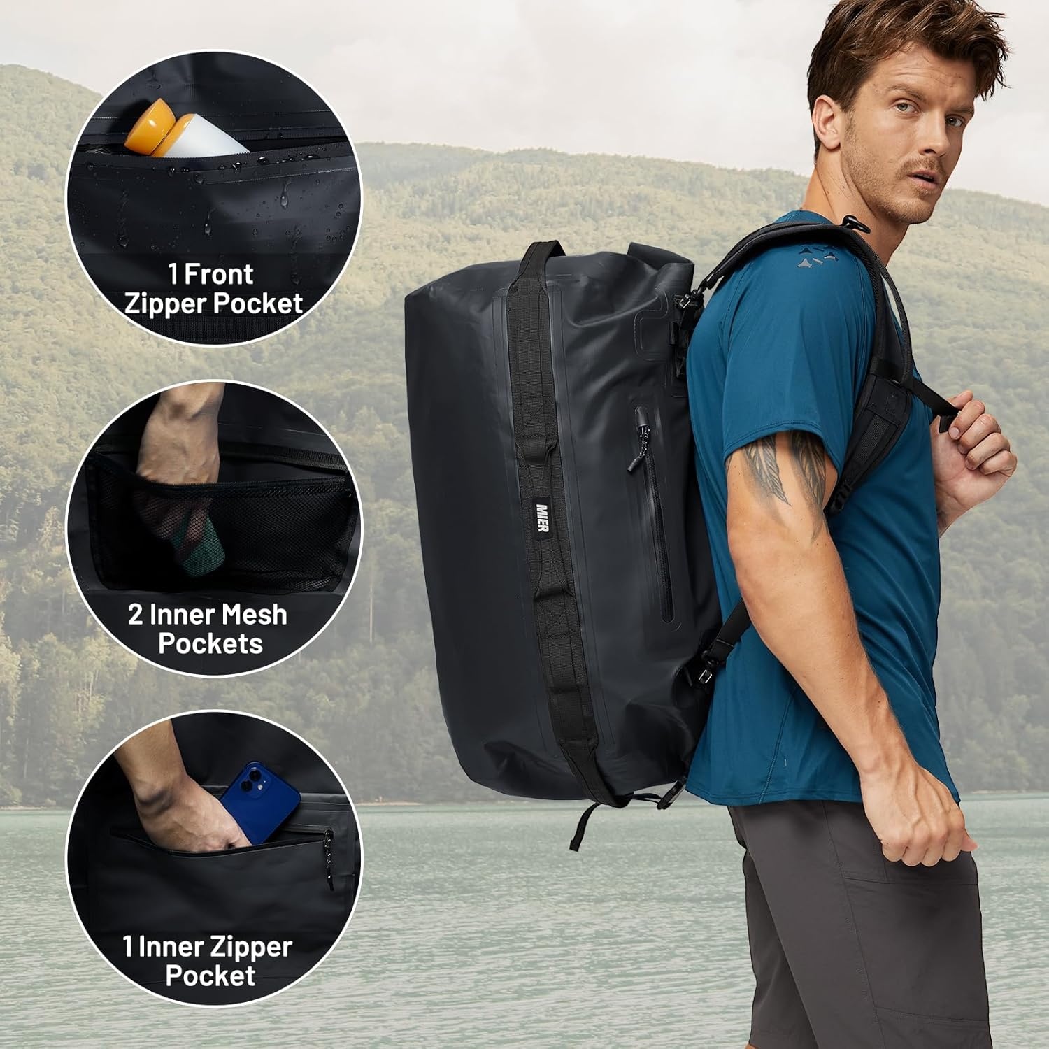 image:imageMIER Waterproof Duffel Bag Motorcycle Dry Bag Backpack Large RollTop Heavy Duty Dry Duffle Bags for Kayaking Camping Boating Gym Beach Cruise Ship 60L80LBlack