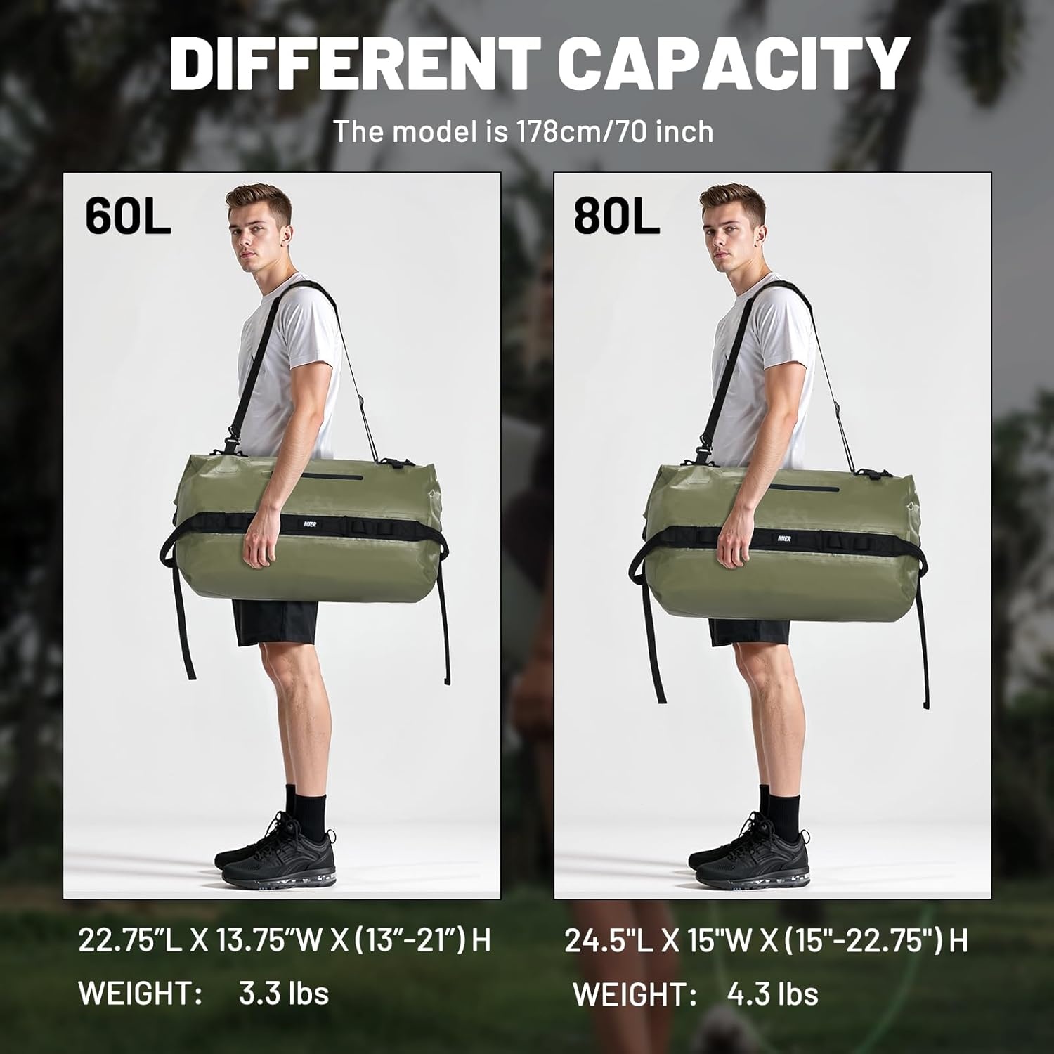image:imageMIER Waterproof Duffel Bag Motorcycle Dry Bag Backpack Large RollTop Heavy Duty Dry Duffle Bags for Kayaking Camping Boating Gym Beach Cruise Ship 60L80LArmy Green