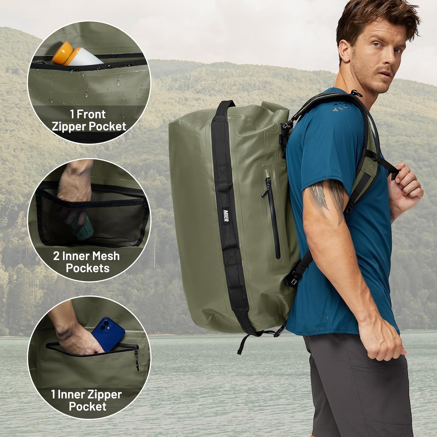 image:imageMIER Waterproof Duffel Bag Motorcycle Dry Bag Backpack Large RollTop Heavy Duty Dry Duffle Bags for Kayaking Camping Boating Gym Beach Cruise Ship 60L80LArmy Green
