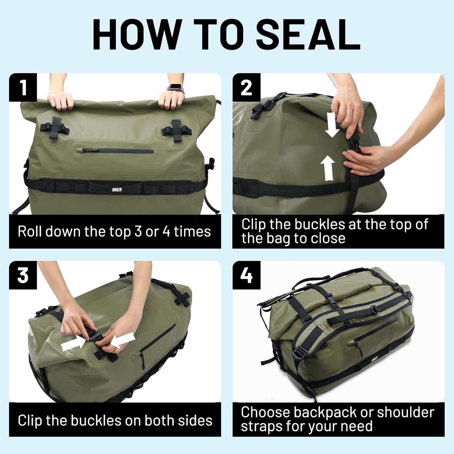 image:imageMIER Waterproof Duffel Bag Motorcycle Dry Bag Backpack Large RollTop Heavy Duty Dry Duffle Bags for Kayaking Camping Boating Gym Beach Cruise Ship 60L80LArmy Green