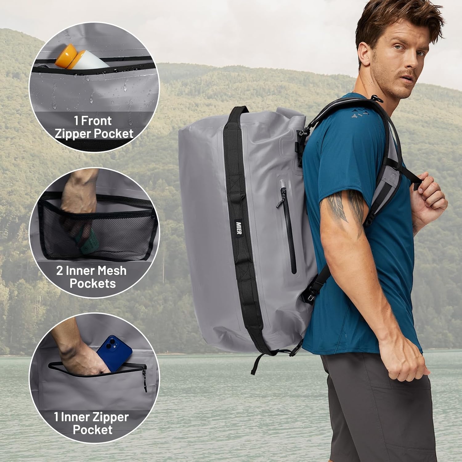 image:imageMIER Waterproof Duffel Bag Motorcycle Dry Bag Backpack Large RollTop Heavy Duty Dry Duffle Bags for Kayaking Camping Boating Gym Beach Cruise Ship 60L80LGray