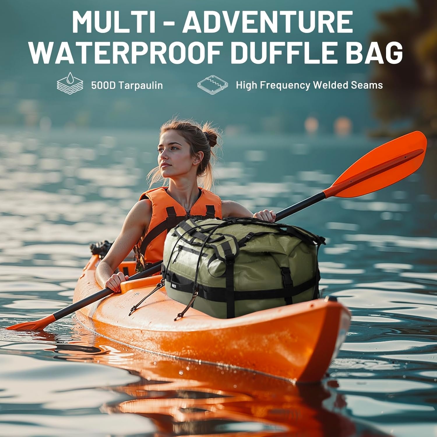 image:imageMIER Waterproof Duffel Bag Motorcycle Dry Bag Backpack Large RollTop Heavy Duty Dry Duffle Bags for Kayaking Camping Boating Gym Beach Cruise Ship 60L80LArmy Green