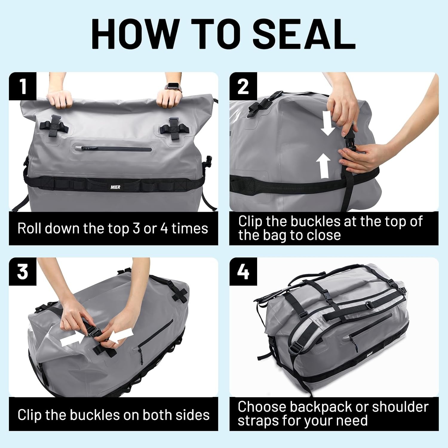 image:imageMIER Waterproof Duffel Bag Motorcycle Dry Bag Backpack Large RollTop Heavy Duty Dry Duffle Bags for Kayaking Camping Boating Gym Beach Cruise Ship 60L80LGray