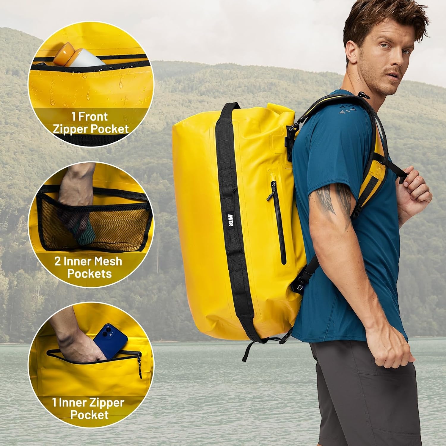 image:imageMIER Waterproof Duffel Bag Motorcycle Dry Bag Backpack Large RollTop Heavy Duty Dry Duffle Bags for Kayaking Camping Boating Gym Beach Cruise Ship 60L80LYellow