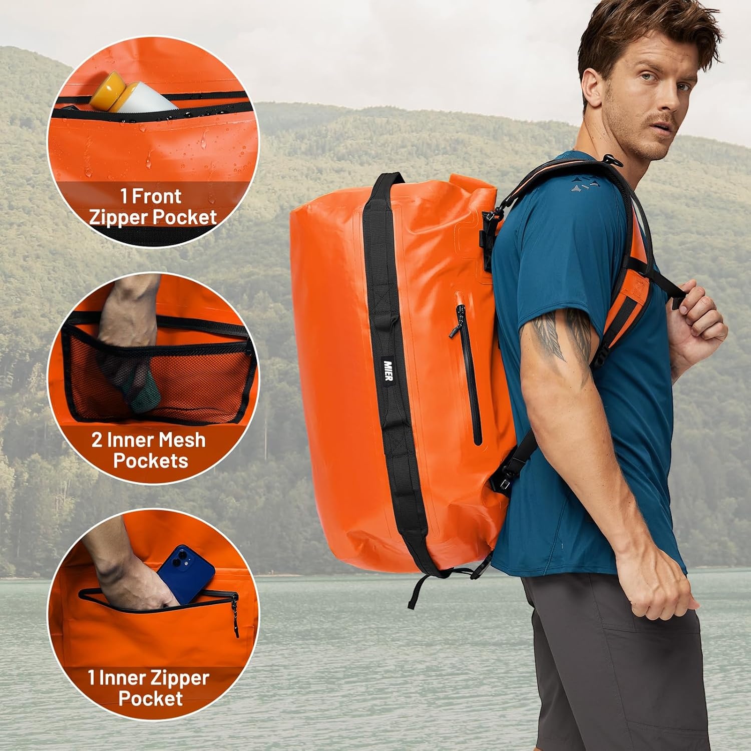 image:imageMIER Waterproof Duffel Bag Motorcycle Dry Bag Backpack Large RollTop Heavy Duty Dry Duffle Bags for Kayaking Camping Boating Gym Beach Cruise Ship 60L80LOrange