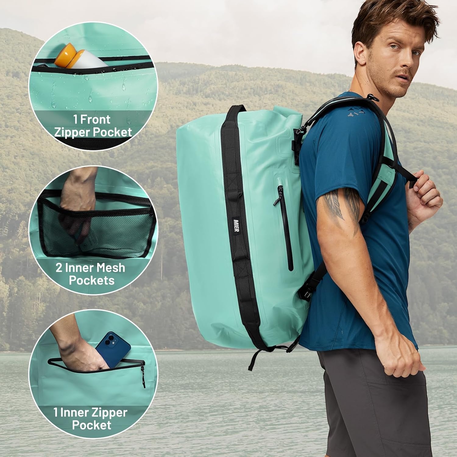 image:imageMIER Waterproof Duffel Bag Motorcycle Dry Bag Backpack Large RollTop Heavy Duty Dry Duffle Bags for Kayaking Camping Boating Gym Beach Cruise Ship 60L80LGreen