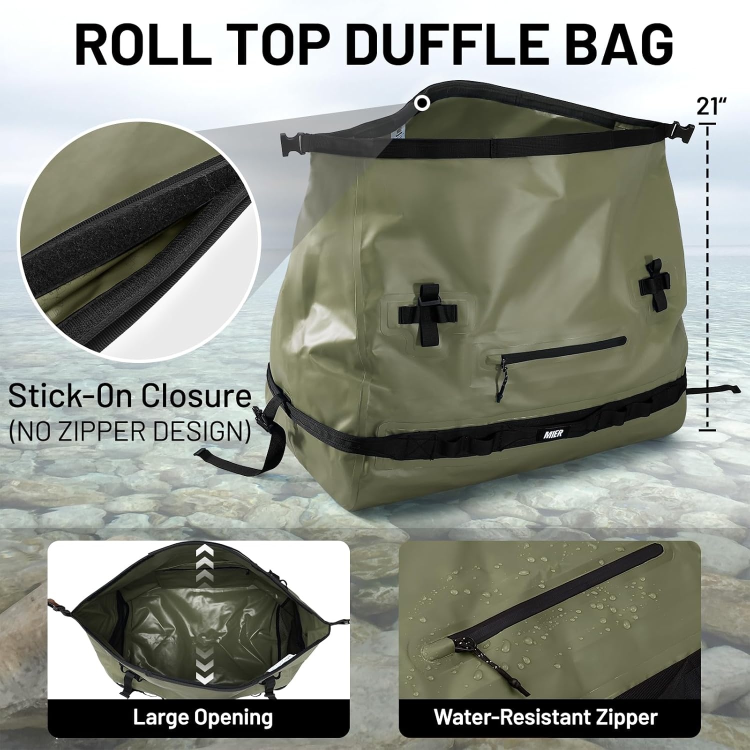 image:imageMIER Waterproof Duffel Bag Motorcycle Dry Bag Backpack Large RollTop Heavy Duty Dry Duffle Bags for Kayaking Camping Boating Gym Beach Cruise Ship 60L80LArmy Green