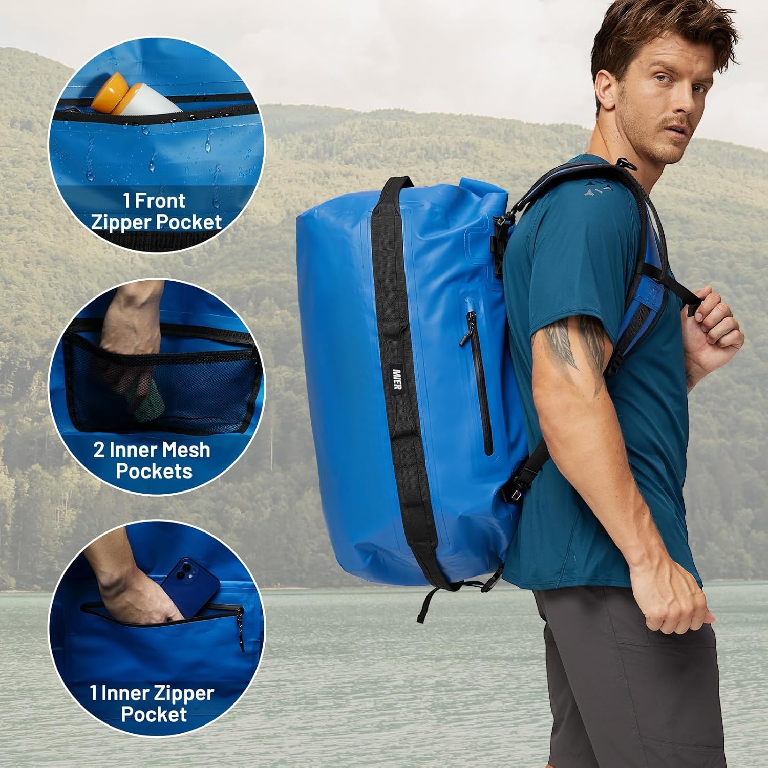image:imageMIER Waterproof Duffel Bag Motorcycle Dry Bag Backpack Large RollTop Heavy Duty Dry Duffle Bags for Kayaking Camping Boating Gym Beach Cruise Ship 60L80LDark Blue