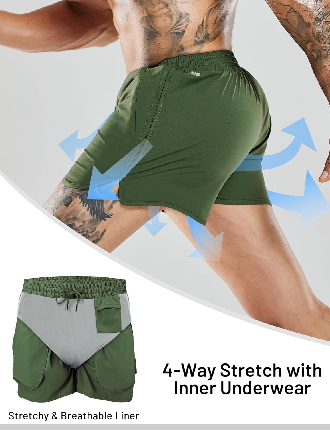image:imageMIER Mens 3 Inches Quick Dry Running Shorts Liner Lightweight Water Resistant Athletic Workout Lined ShortsArmy Green 3 Inch