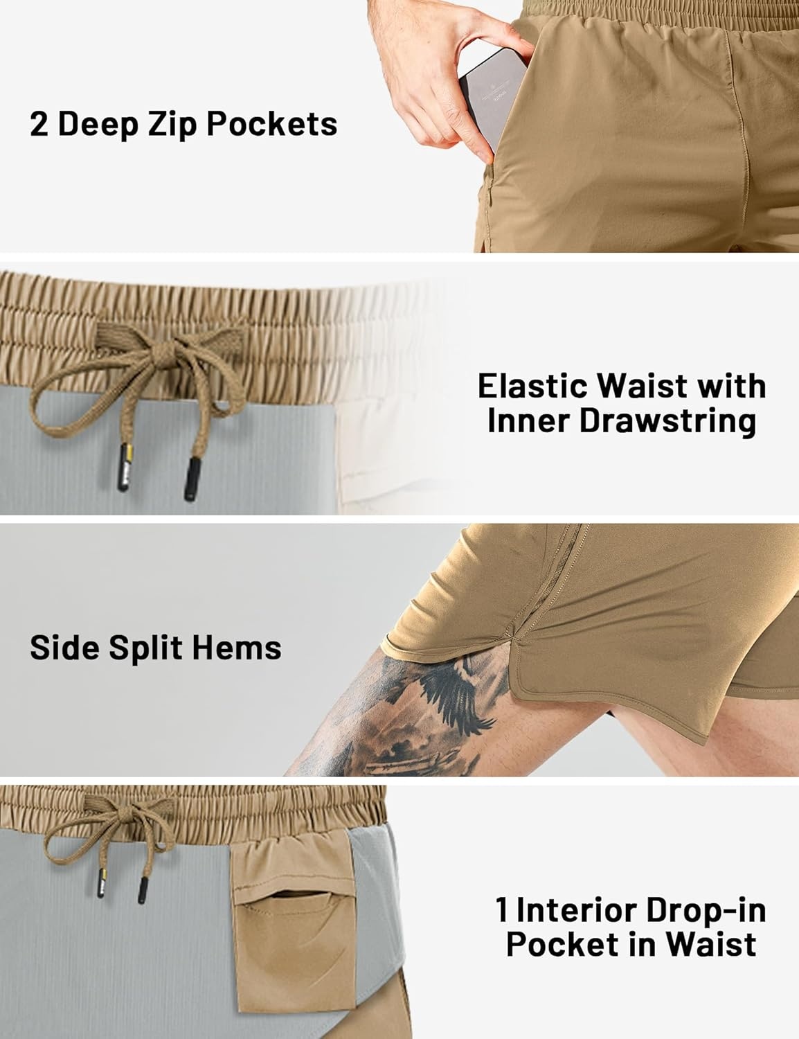 image:imageMIER Mens 3 Inches Quick Dry Running Shorts Liner Lightweight Water Resistant Athletic Workout Lined ShortsKhaki 3 Inch