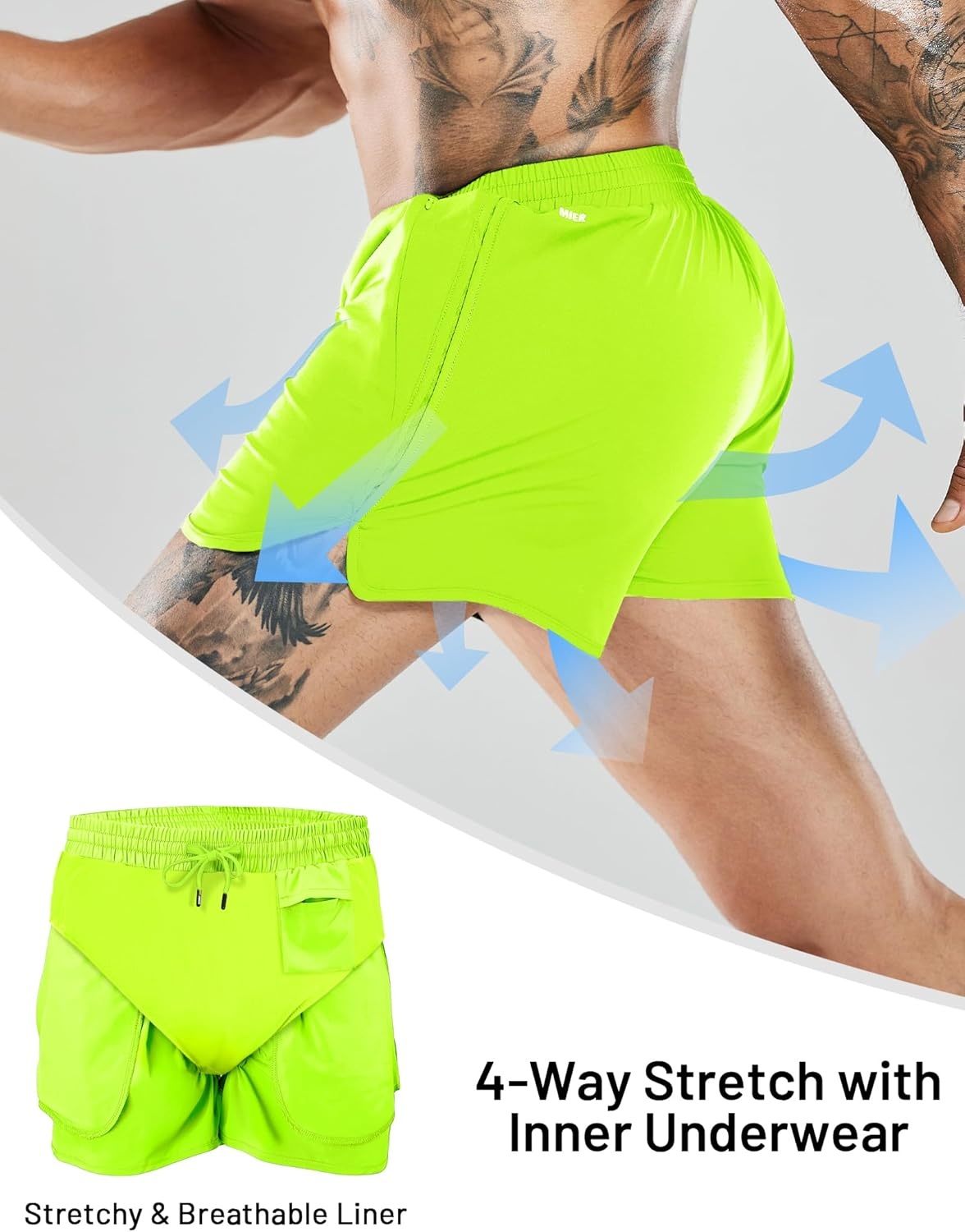 image:imageMIER Mens 3 Inches Quick Dry Running Shorts Liner Lightweight Water Resistant Athletic Workout Lined ShortsNeon Green