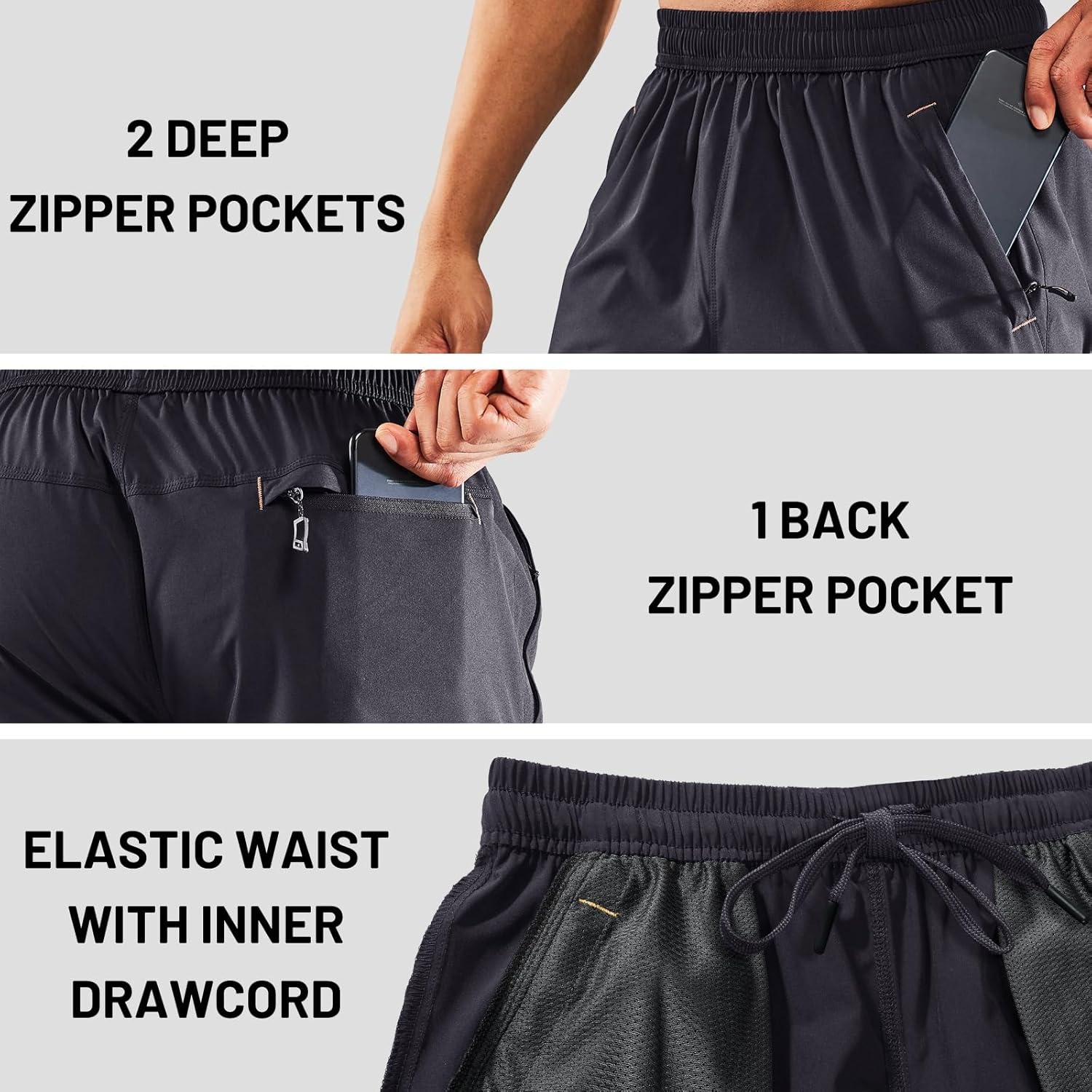 image:imageMIER Mens Quick Dry Running Shorts with Zipper Pocket Elastic Waist Athletic Workout Exercise ShortsBlackDark Grey